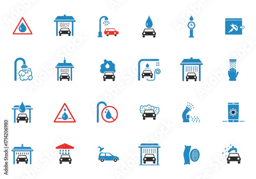 Collection of icons relating to car washing in blue and red
