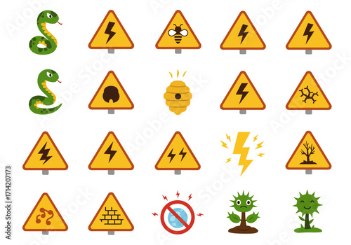 Danger signs  creatures snakes electrical hazards bee hive tree germs walls no sun  happysad plants