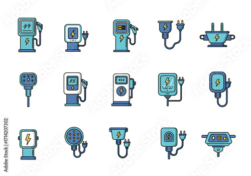 Electric vehicle chargers a set of 15 blue outlined vector illustrations
