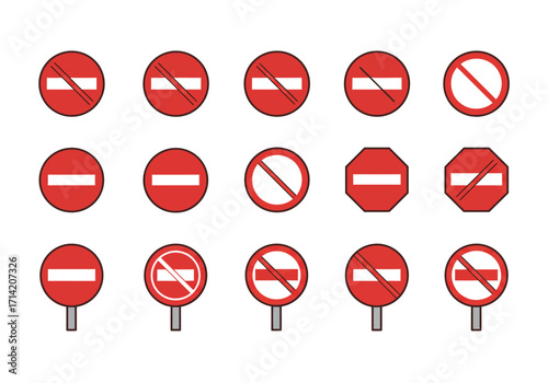 Fifteen red traffic signs each a circle or octagon featuring white bars or diagonal lines Signs are set against a white background