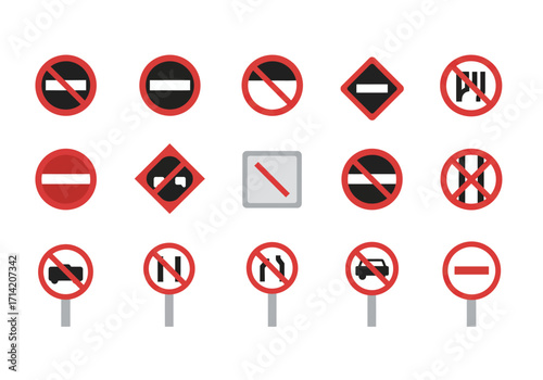 Fifteen road signs are displayed most with red circles and white or black symbols indicating traffic restrictions