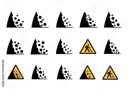 Fifteen triangular signs depict rockfalls some warn of pedestrians