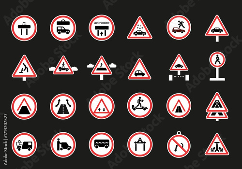 Graphic displays multiple traffic signs in a grid pattern on a black background