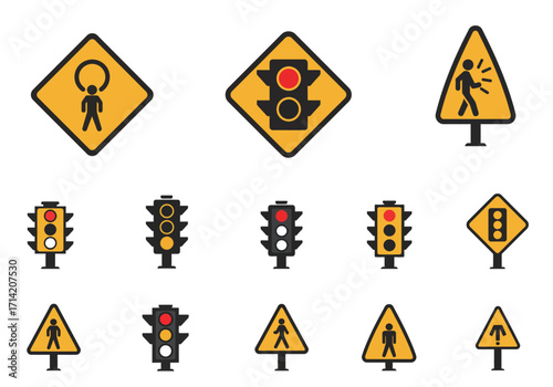 Graphic features 12 various yellow  black traffic warning signs on a white background
