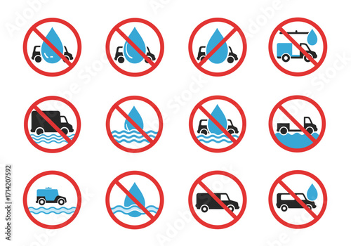 Graphic forbidden sign icons depict cars with water drops and onin water implying restrictions on water usage or vehicles