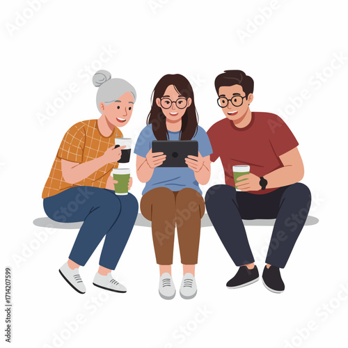 Flat Illustration of Family Enjoying Leisure Time Together Using Electronic Tablet Device
