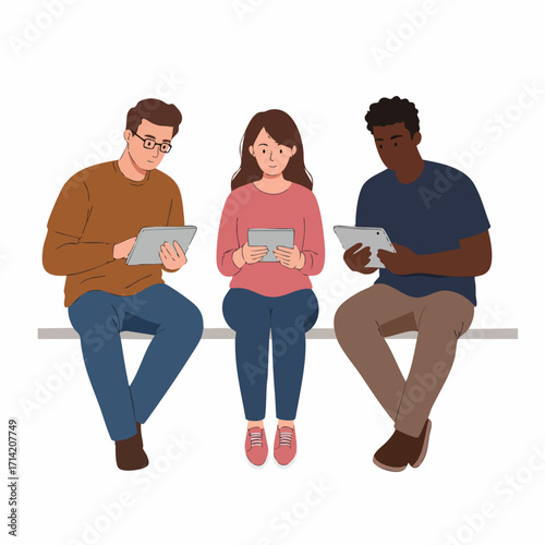 Flat Illustration Three Diverse People Sitting Together Using Digital Tablets
