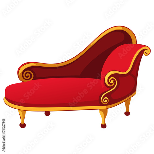 Royal Chaise Lounge: A luxurious, red chaise lounge with elegant gold accents exudes a sense of opulence and comfort, perfect for relaxation.