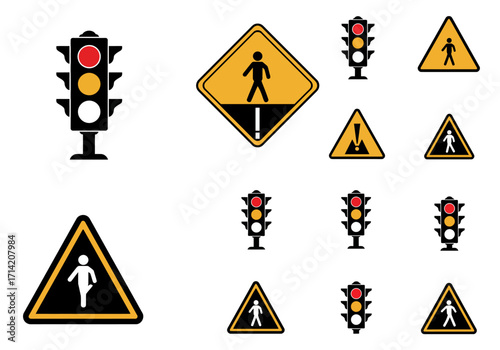 Image of road signs and traffic lights in yellow white and black against a white background