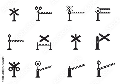 Multiple railroad crossing signs gates and signals in a gridlike layout