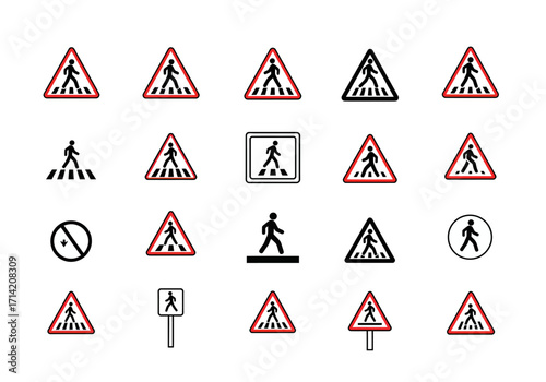 Road sign collage showcasing various pedestrian crossing symbols