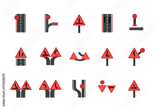 Road sign array triangles arrows merge points lane markers red accents