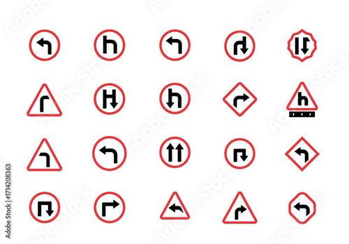 Road signs featuring arrows including turn directions arranged in a grid