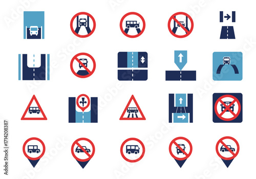 Road signs featuring buses restrictions and road layouts in a grid pattern