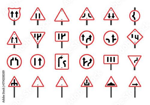Road signs display a variety of traffic warnings and regulations on white