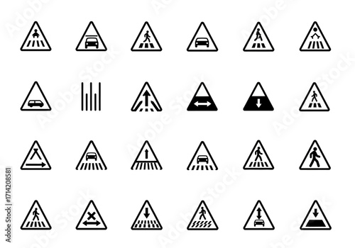 Road warning sign collage displaying pedestrian crossings vehicle hazards and road conditions