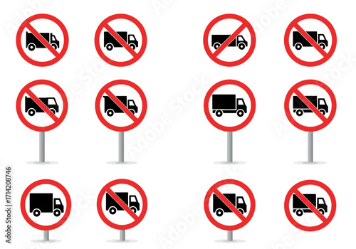 Twelve red no truck signs in a 3x4 grid layout against a white background