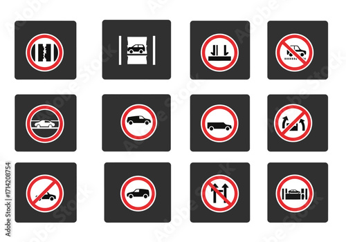 Twelve road restriction signs displayed on gray rounded squares