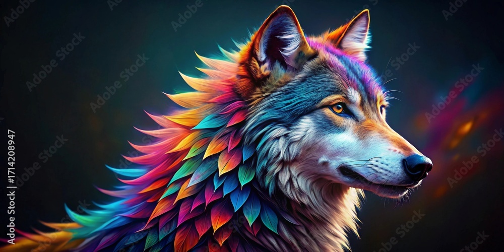 Naklejka premium A Vibrant Wolf Portrait with Rainbow-Colored Feather Mane, a Captivating Image of a Majestic Canine Creature