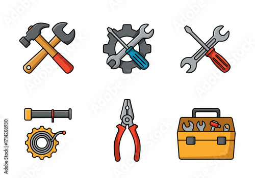 Vector illustration assorted tools Wrench screwdriver hammer gear pliers toolbox Colorful with thick black outlines
