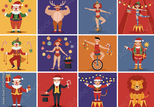 Christmas Circus Performers Clowns Acrobats and Animals in Festive Costumes.