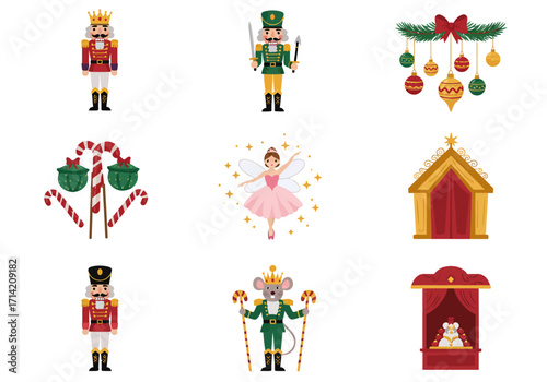 Christmas Nutcracker Suite Characters and Decorations Illustration Set.