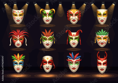 Collection of Colorful Carnival Masks with Feathers and Ornate Designs.