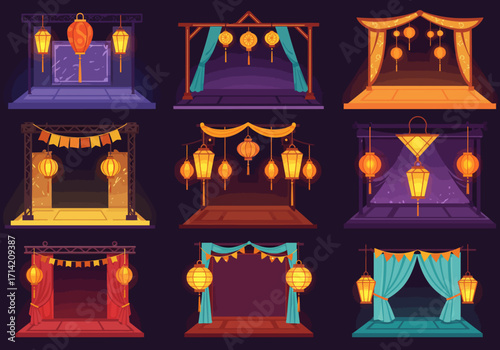 Collection of Colorful Cartoon Stages with Hanging Lanterns and Decorative Drapes.