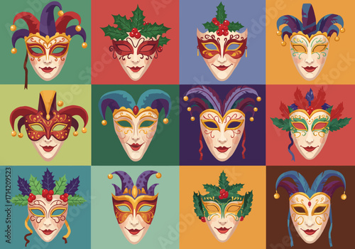 Collection of Decorative Venetian Carnival Masks with Festive Holly and Jester Motifs.