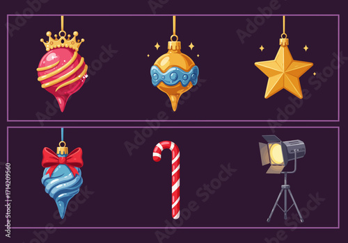 Collection of Festive Christmas Ornaments and Holiday Decorations.