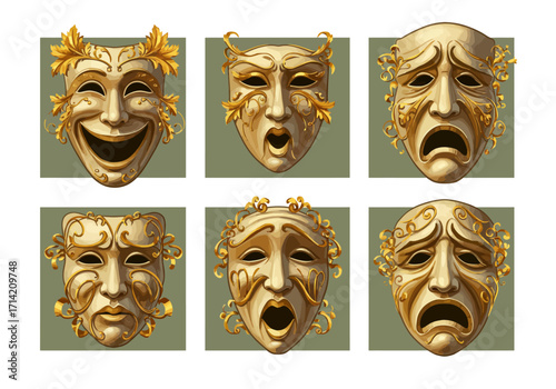 Collection of Golden Theatrical Masks Expressing Different Emotions.