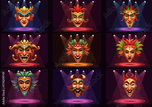 Collection of Nine Colorful Carnival Masks on Stage with Spotlights.