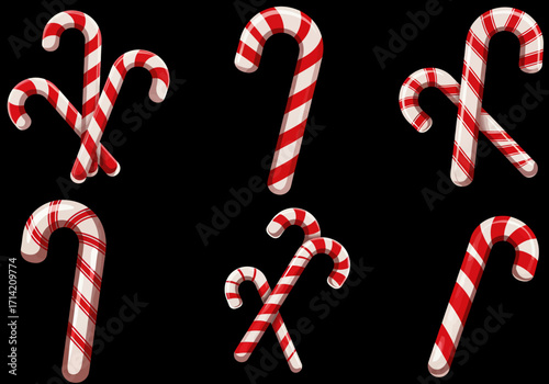 Collection of Red and White Striped Candy Canes on Black Background.