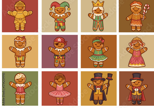 Collection of Twelve Gingerbread People Dressed in Various Costumes on Colored Backgrounds.