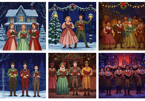 Diverse Carolers Singing Christmas Carols in Snowy Town Scenes.