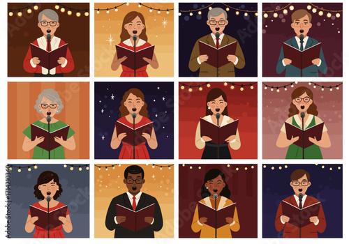 Diverse Group of People Singing Carols with Music Books and Microphones.