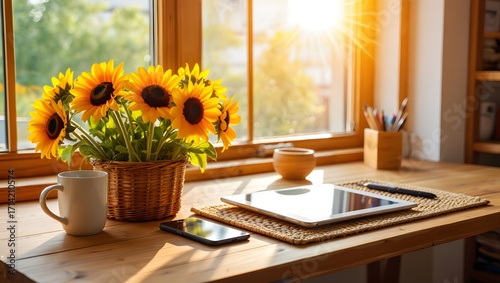 Sunflowers and technology on a wooden desk illuminated by sunlight streaming through window