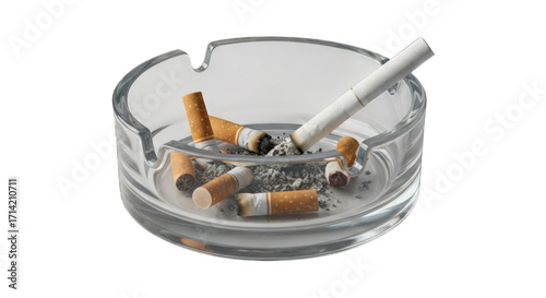 Clear ashtray filled with cigarette butts and ash
