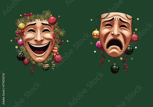 Festive Comedy and Tragedy Masks with Christmas Ornaments and Greenery.