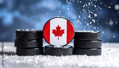 Hockey puck with Canadian flag, winter scene