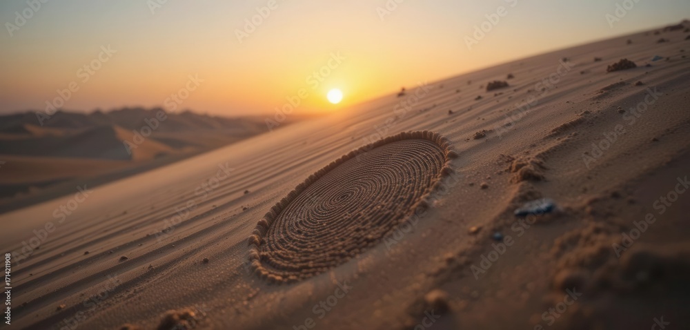 Naklejka premium Transient Touch A Close up of a Vanishing Fingerprint on a Sand Dune during Sunset, Highlighting the Ongoing Sculpting of the Landscape