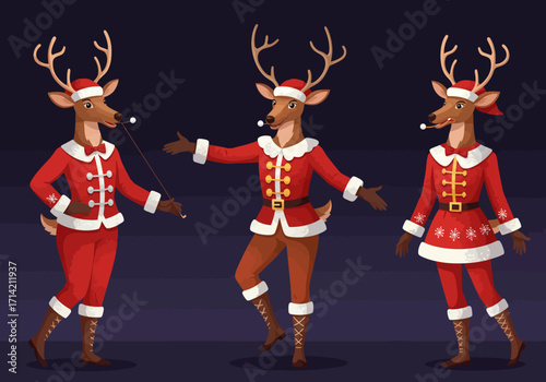 Three Cartoon Reindeer Dressed in Santa Outfits for Christmas Celebration.