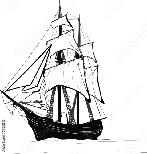 Black bold outline with white background, Minimal black outline of old sailing ship with sails open