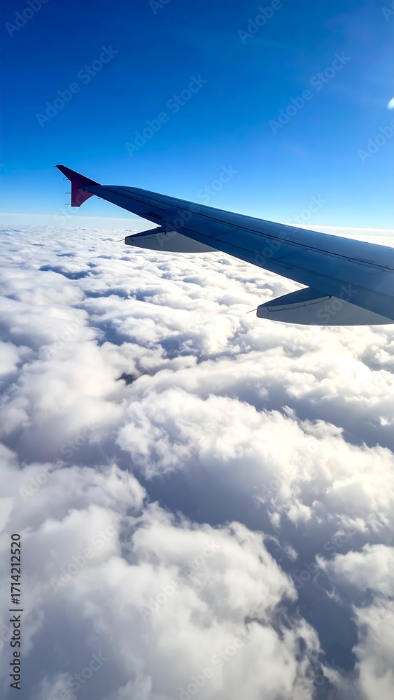 Fototapeta premium Airplane wing over fluffy clouds