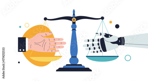 Robot hand and human hand on scales of justice symbolizing AI ethics.