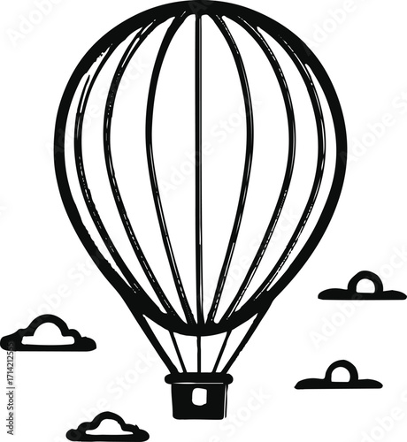 Black bold outline with white background, Minimal line art of hot air balloon floating in sky 3