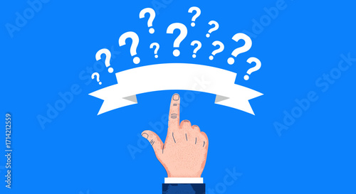 Hand pointing at question marks above a banner.