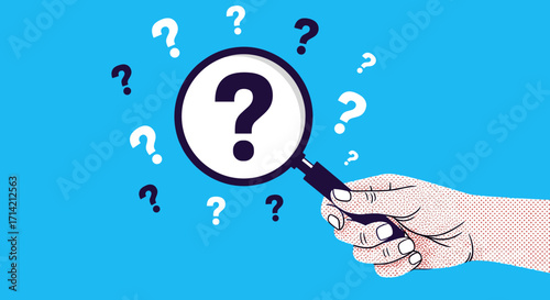 Magnifying glass over question mark surrounded by smaller question marks.