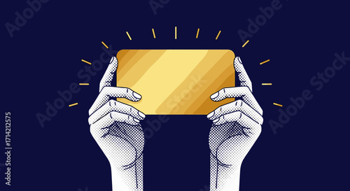 Hands holding a golden bar with radiating light.