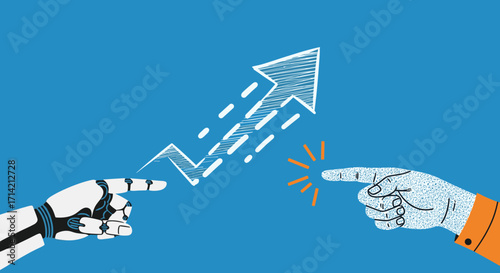 Robot and Human Hands Pointing Towards Growth Arrow.